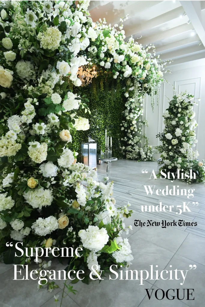 A wedding chapel floral arc inside Albertson Chapel