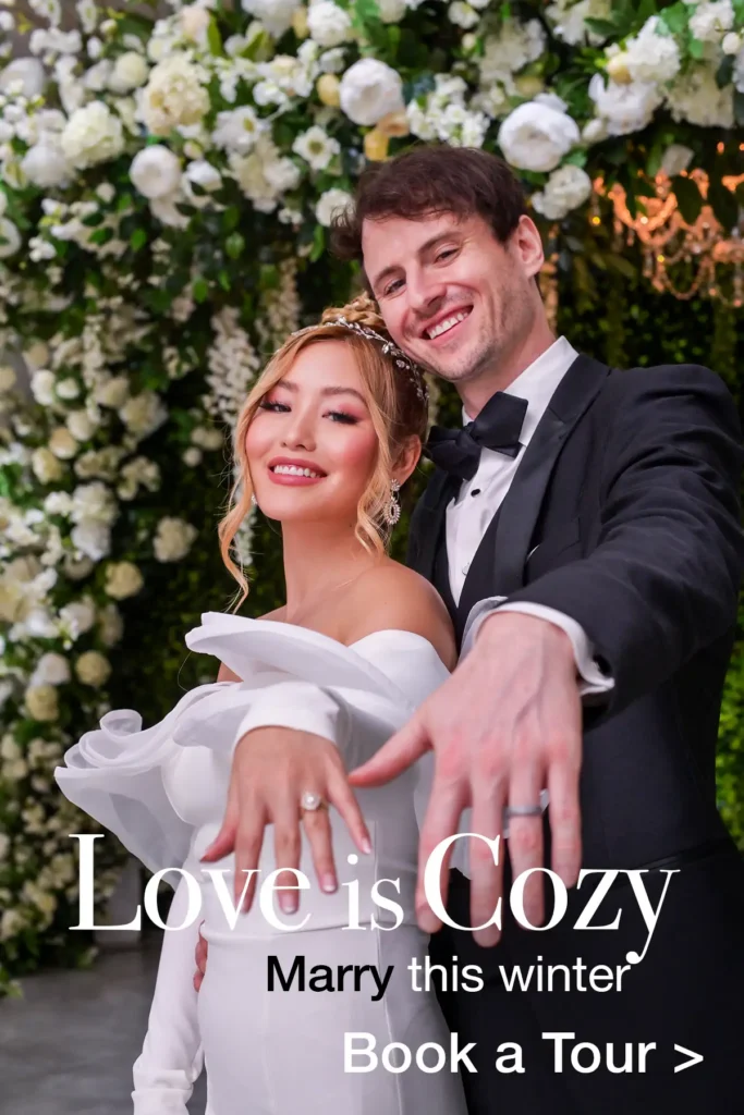 Couple showing wedding rings at Albertson Wedding Chapel in Los Angeles with the text Love is Cozy, marry this winter, book a tour.