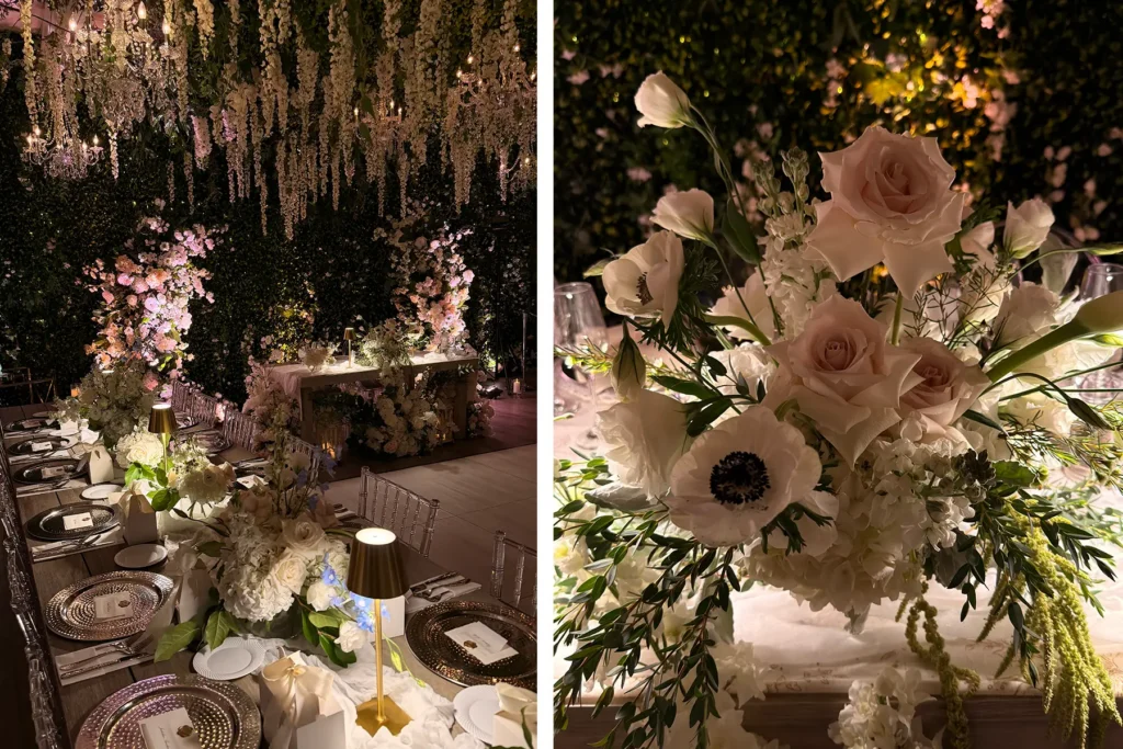 Image of all natural garden blooms and premium flowers on the tables of Albertson Wedding Chapel in LA
