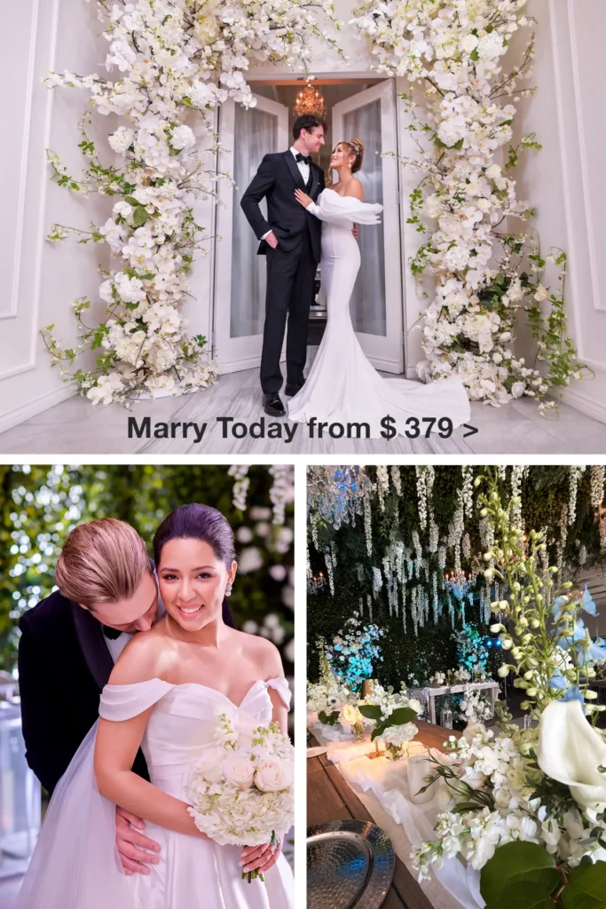 Marry today from $379 at Albertson Wedding Chapel in Los Angeles — same-day legal marriage, fresh flowers, and reception tables set for up to 54 guests.